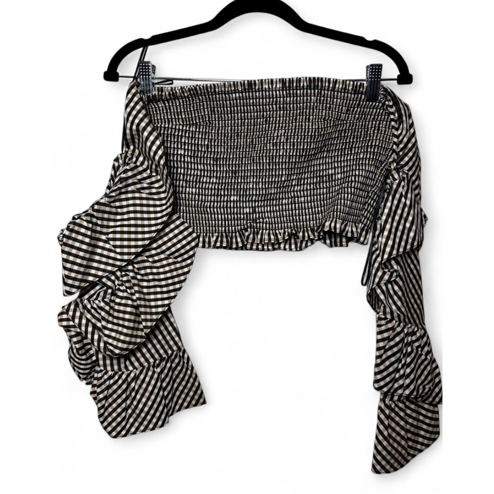 Petersyn Gingham Smocked Ruffle Sleeve Off Shoulder Crop Top